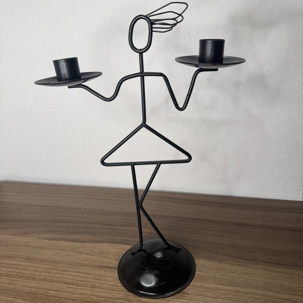 Vintage Metal Wrought Iron Woman Server Waitress Double Taper Candleholder 12"‎